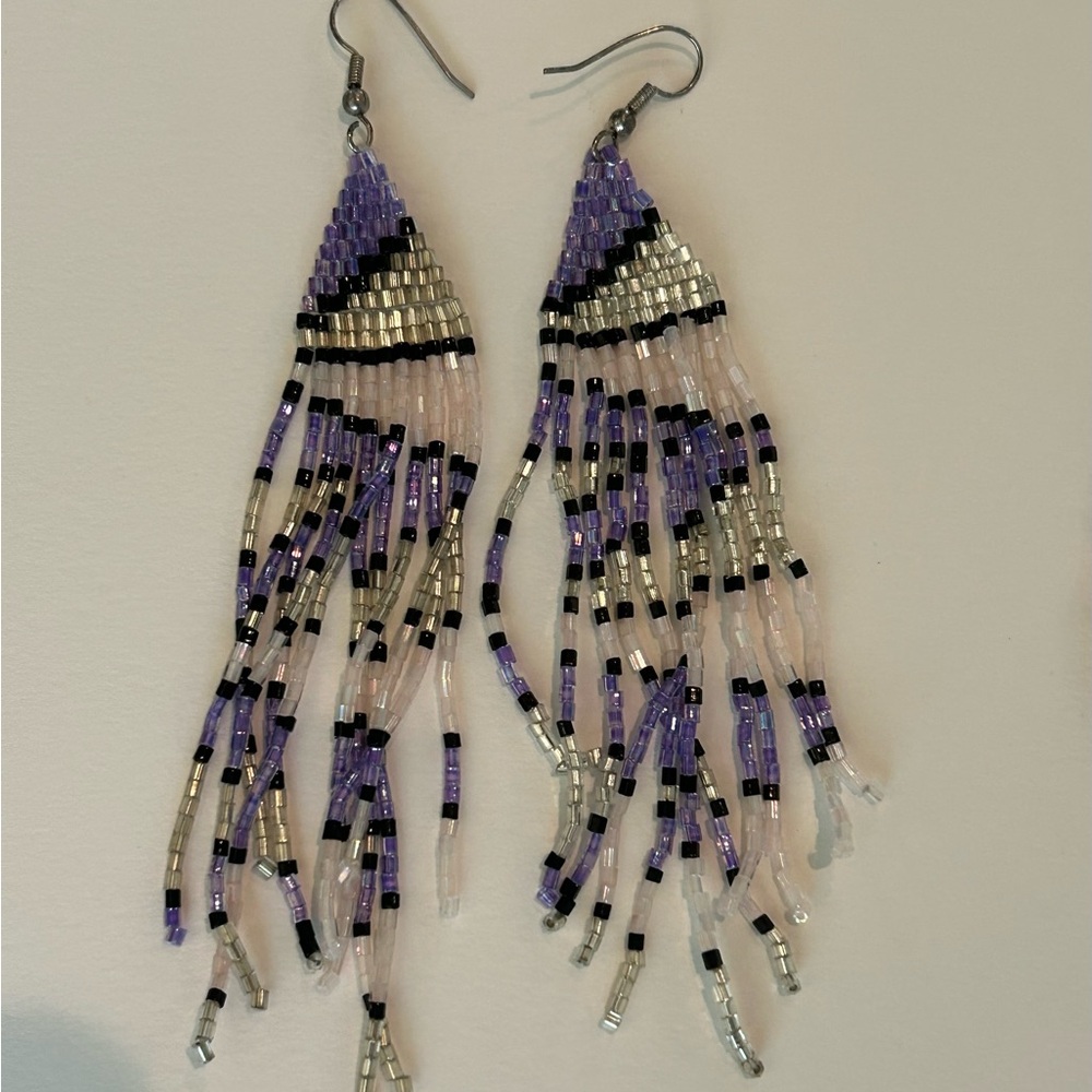 Handmade Purple & Silver Seed Bead Fringe Earrings boho festival dangle